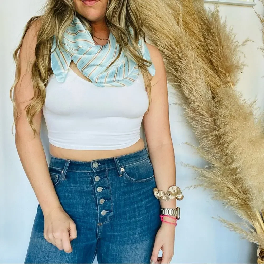 NEW CLEOBELLA REVOLVE Light Blue Brown Stripe Silky Scarf Hair Wrap Top Shirt